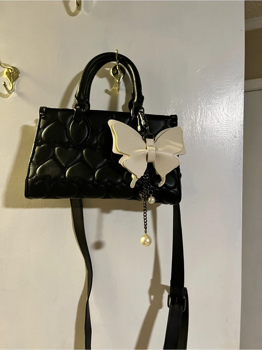 Betsey Johnson Black Crossbody Bag with White Butterfly Charm